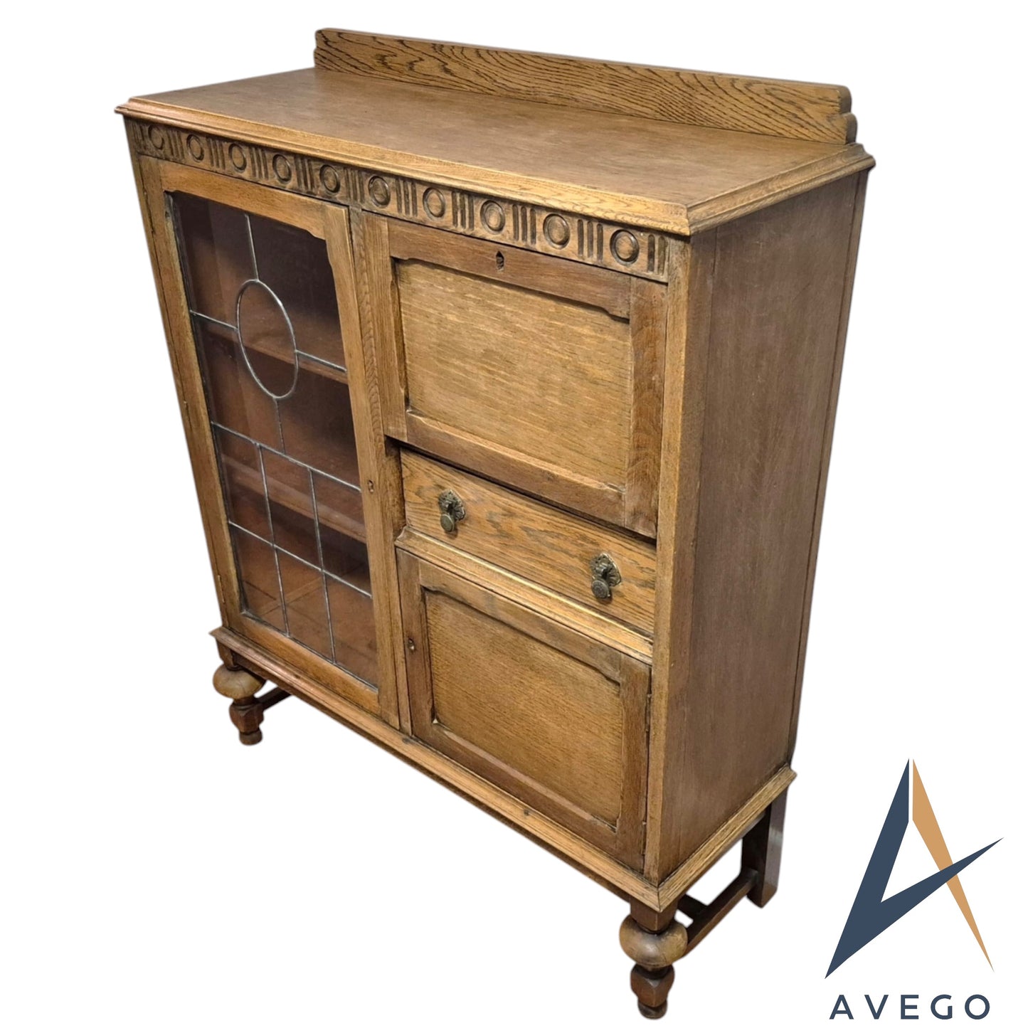 Antique Art Deco Solid Oak Display Cupboard Bookcase
