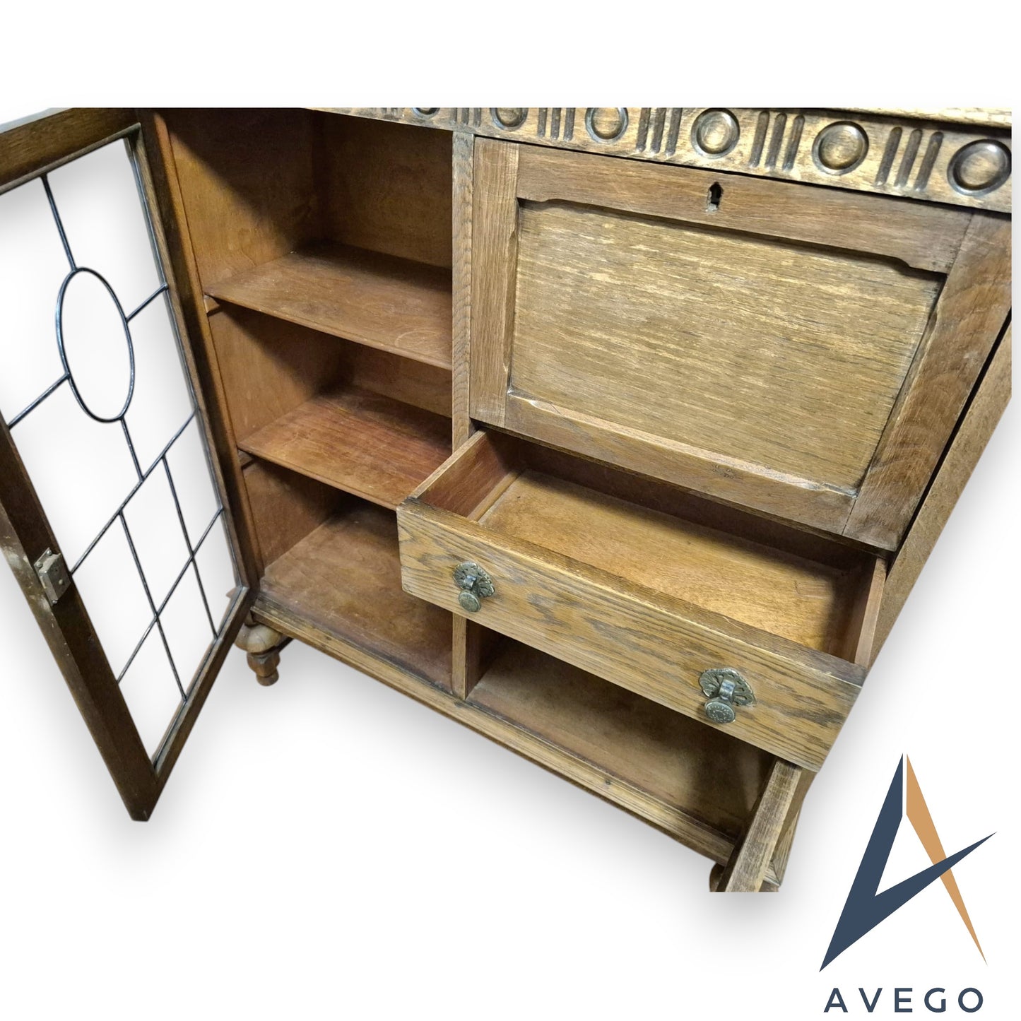 Antique Art Deco Solid Oak Display Cupboard Bookcase