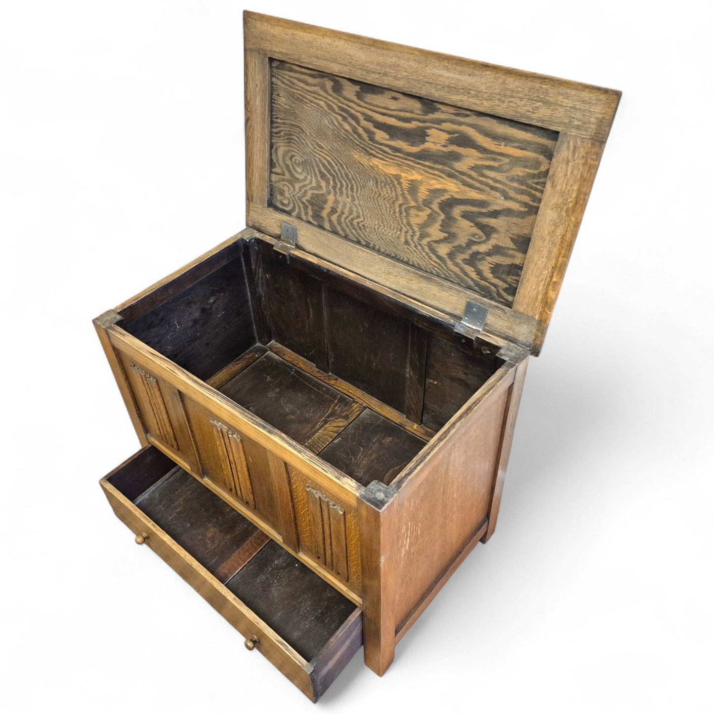 Oak storage chest with hinged lid and lower drawer – vintage furniture piece