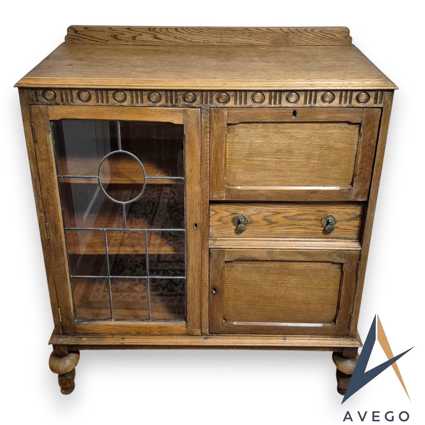 Antique Art Deco Solid Oak Display Cupboard Bookcase