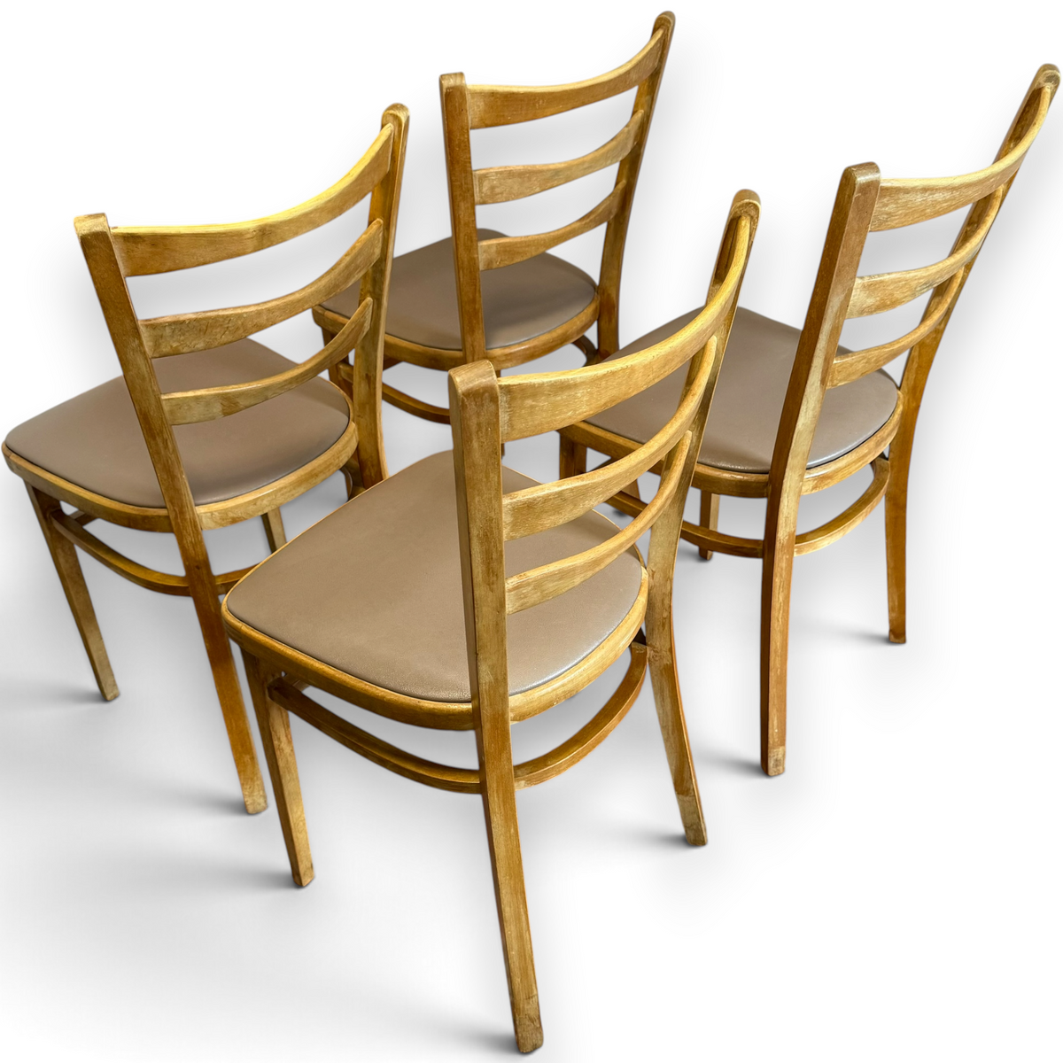 Set of Four Mid-Century Beech Ladder Back Dining Chairs with Bentwood Detail