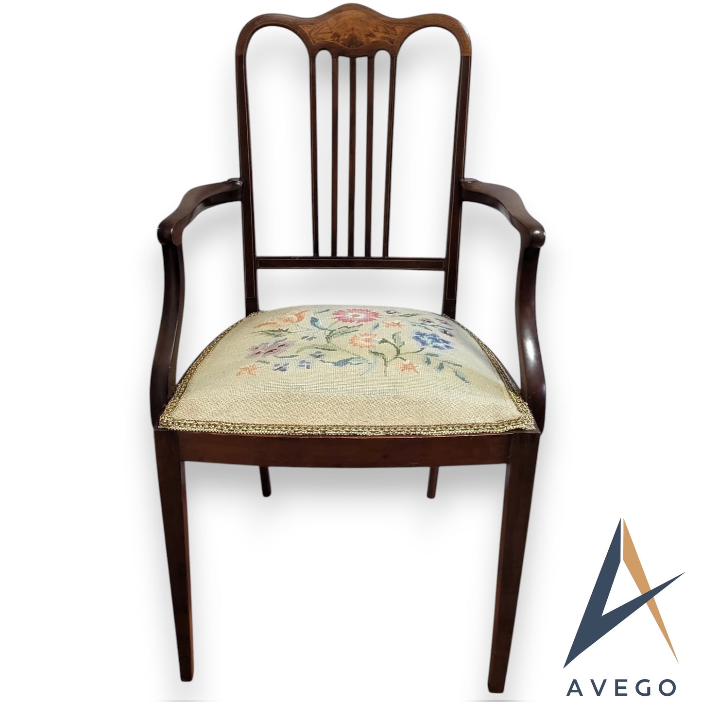 Antique Georgian Walnut Inlaid Armchair Carver Chair with Needlework Seat
