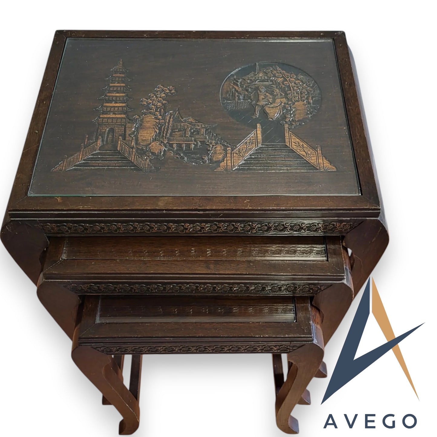 Antique Carved Teak Nest Of 3 Tables Oriental Style