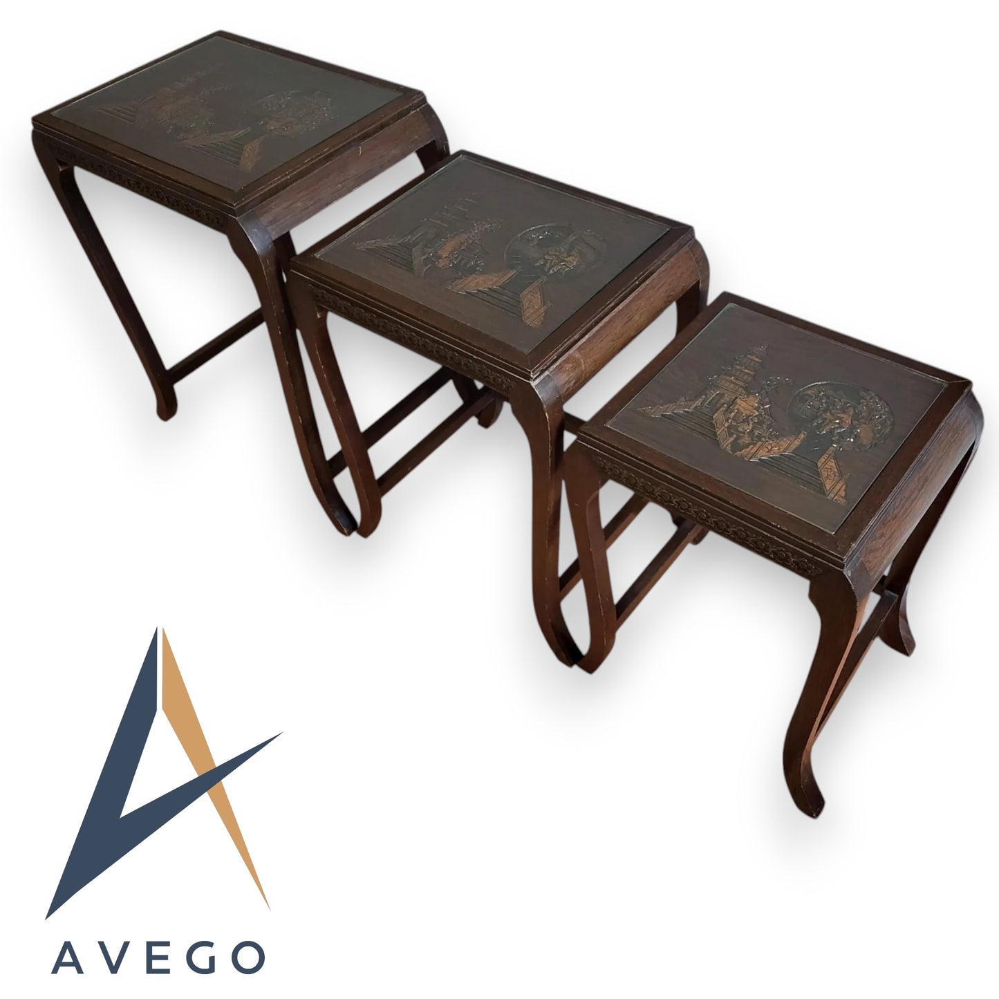 Antique Carved Teak Nest Of 3 Tables Oriental Style