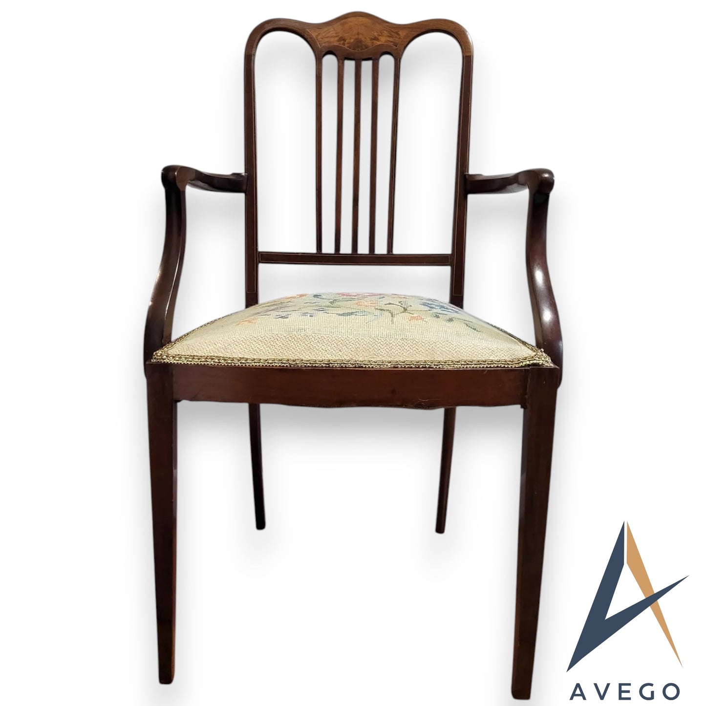 Antique Georgian Walnut Inlaid Armchair Carver Chair with Needlework Seat