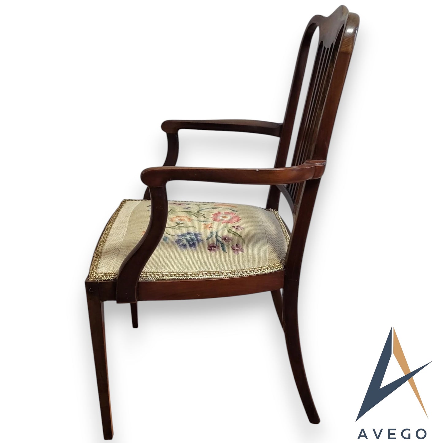 Antique Georgian Walnut Inlaid Armchair Carver Chair with Needlework Seat