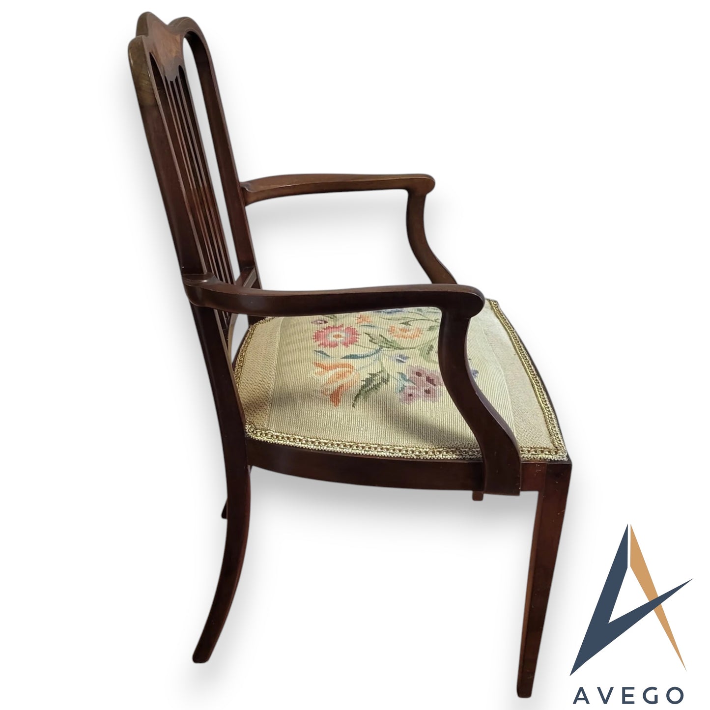 Antique Georgian Walnut Inlaid Armchair Carver Chair with Needlework Seat