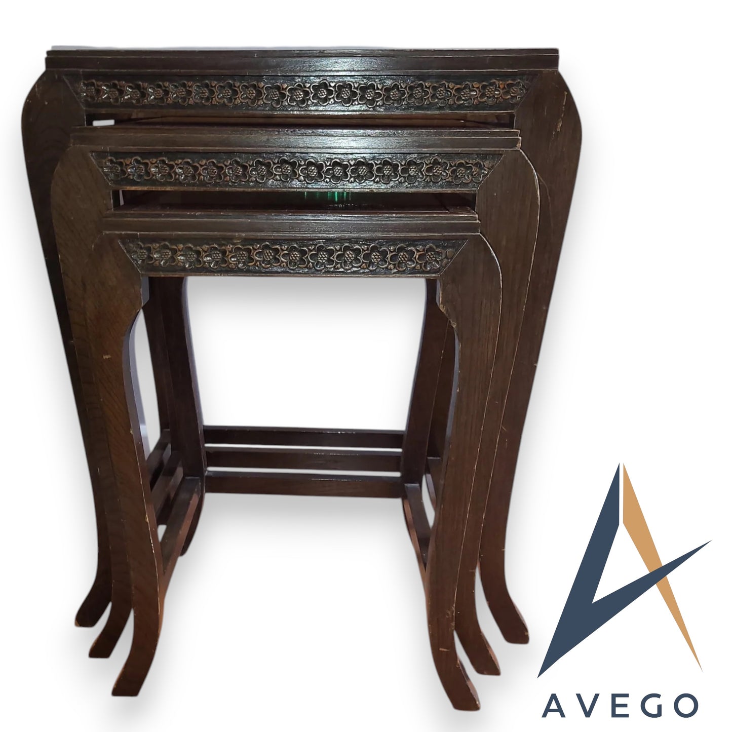 Antique Carved Teak Nest Of 3 Tables Oriental Style