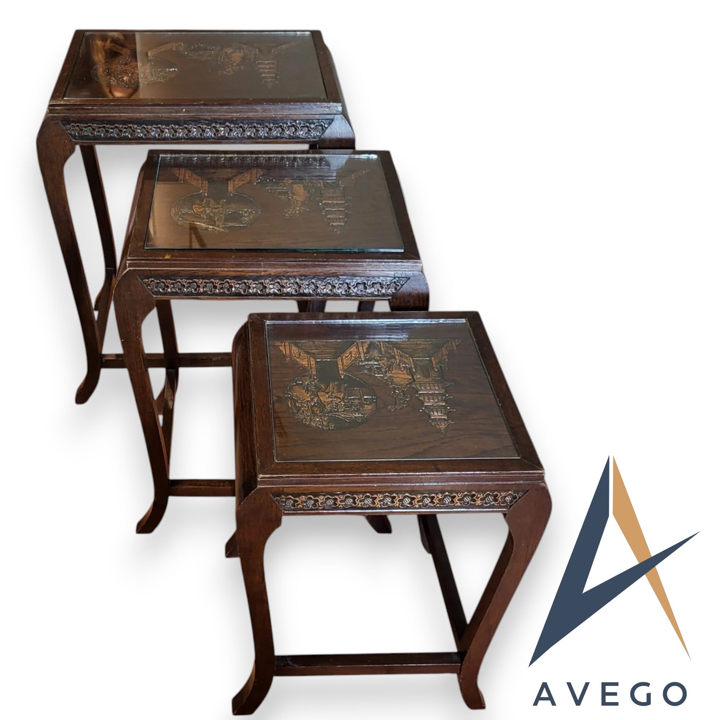 Antique Carved Teak Nest Of 3 Tables Oriental Style