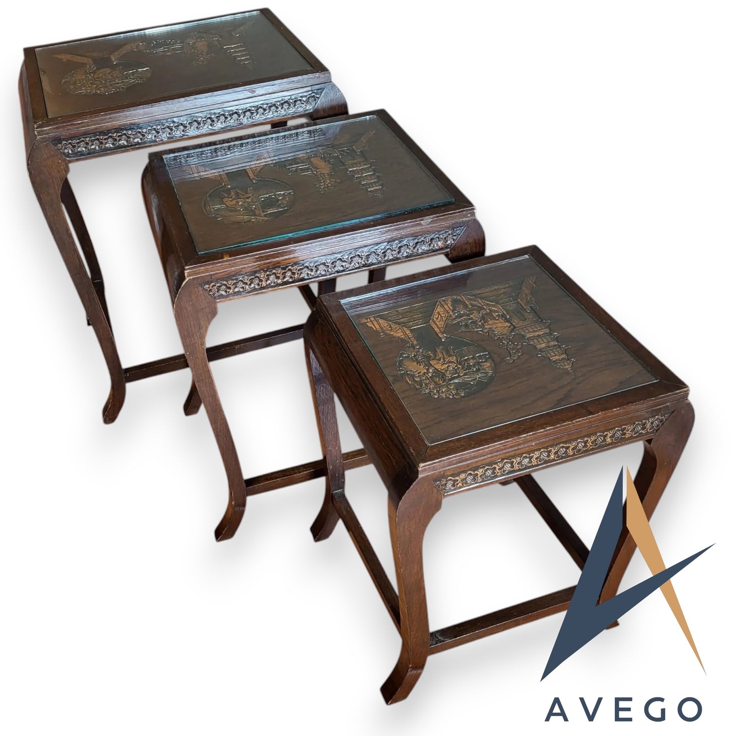 Antique Carved Teak Nest Of 3 Tables Oriental Style