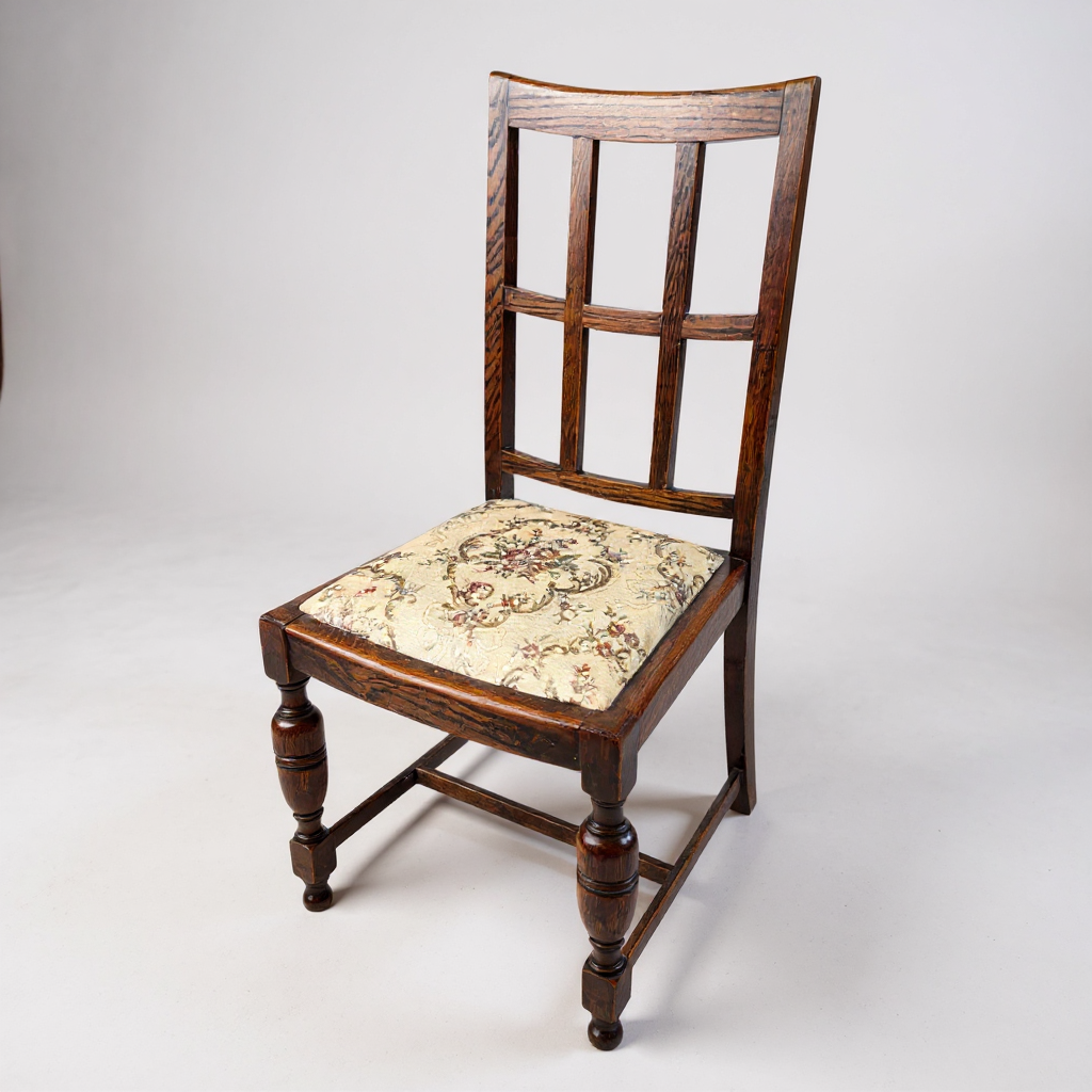 Antique oak dining chair with upholstered seat