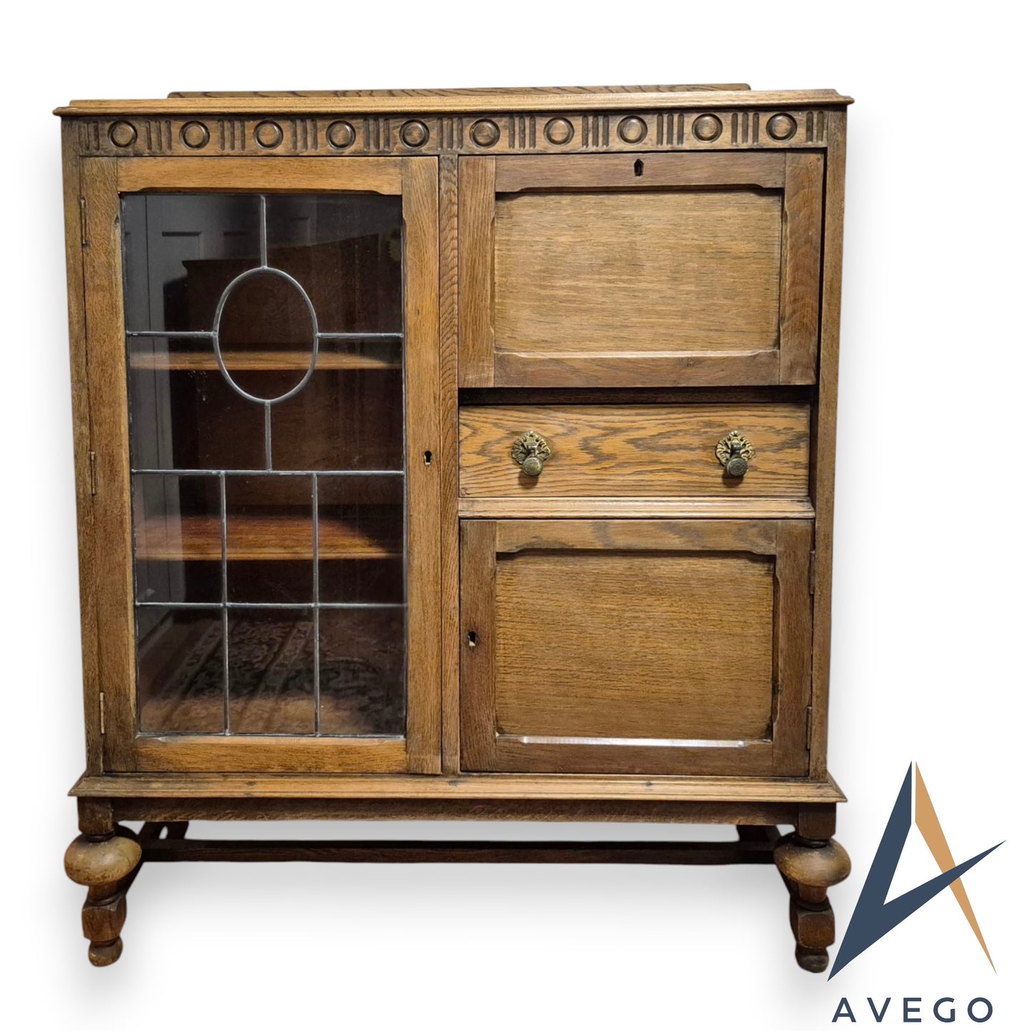 Antique Art Deco Solid Oak Display Cupboard Bookcase