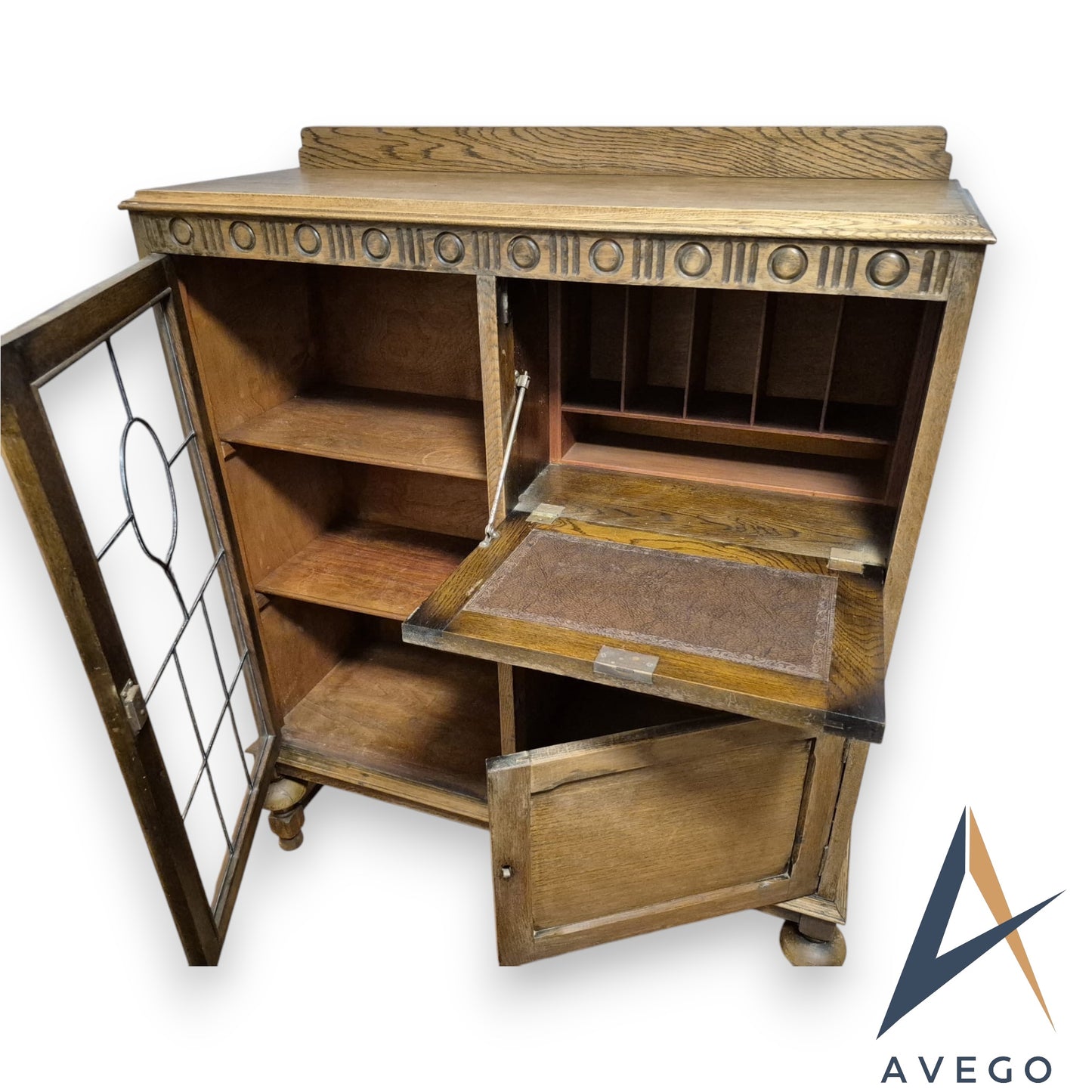 Antique Art Deco Solid Oak Display Cupboard Bookcase