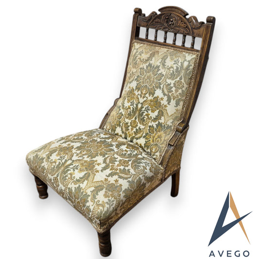 Antique Victorian Upholstered Bedroom/ Lounge / Nursing Low Chair Carved Walnut