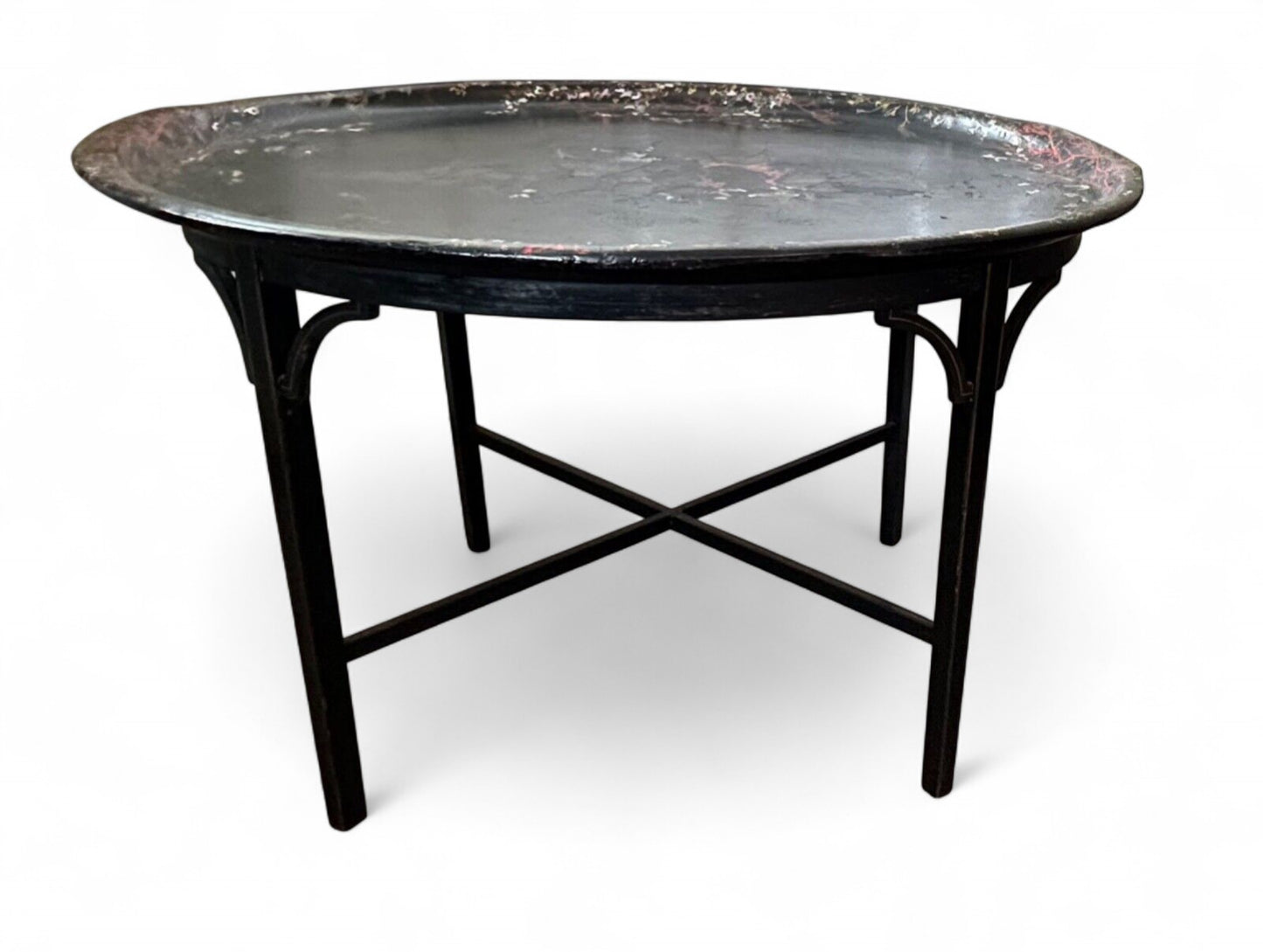 Antique Victorian Papier Mâché Tray on Stand with Mother of Pearl Inlay