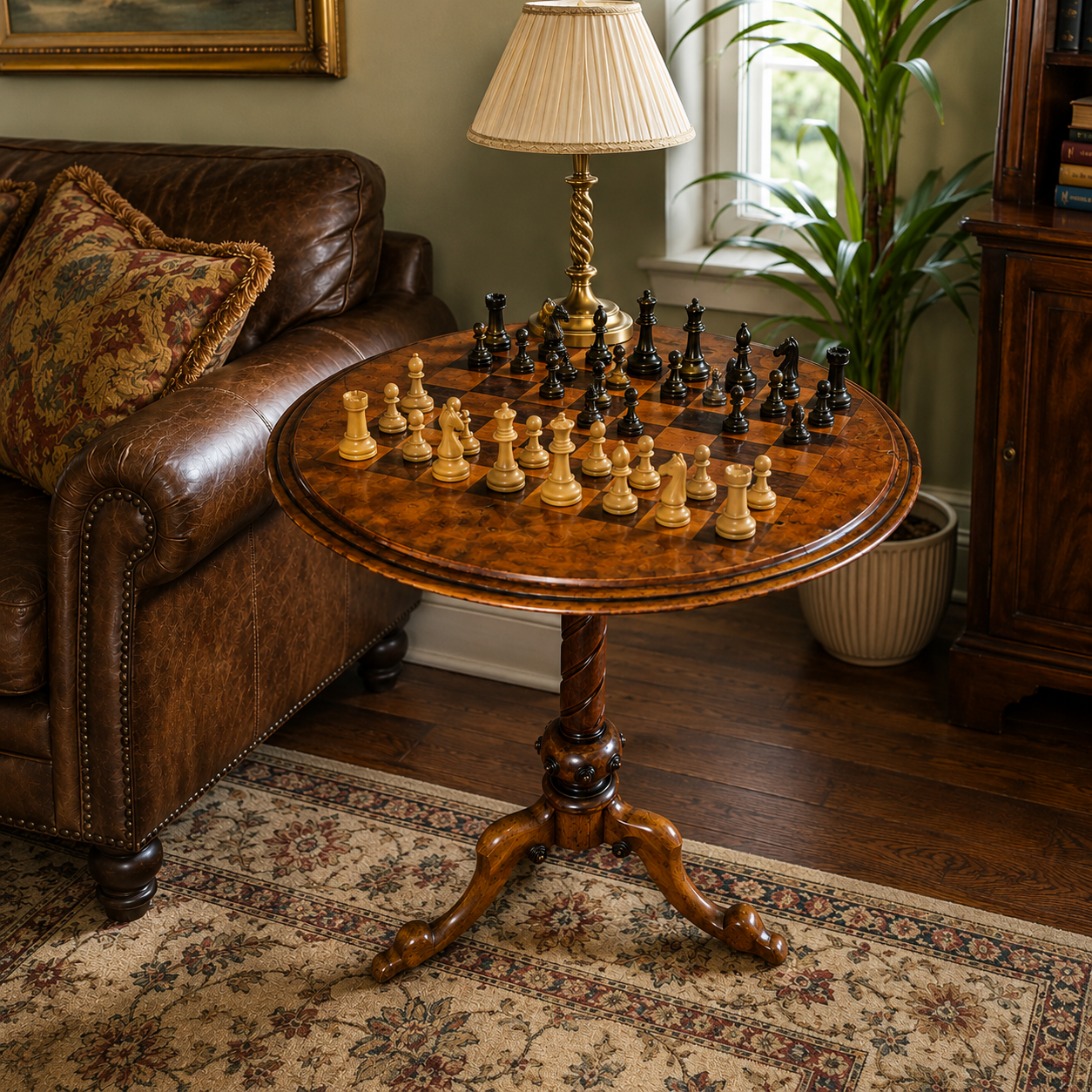 Title: Antique Burr Walnut Chess Table – Victorian Edwardian Games & Occasional Table