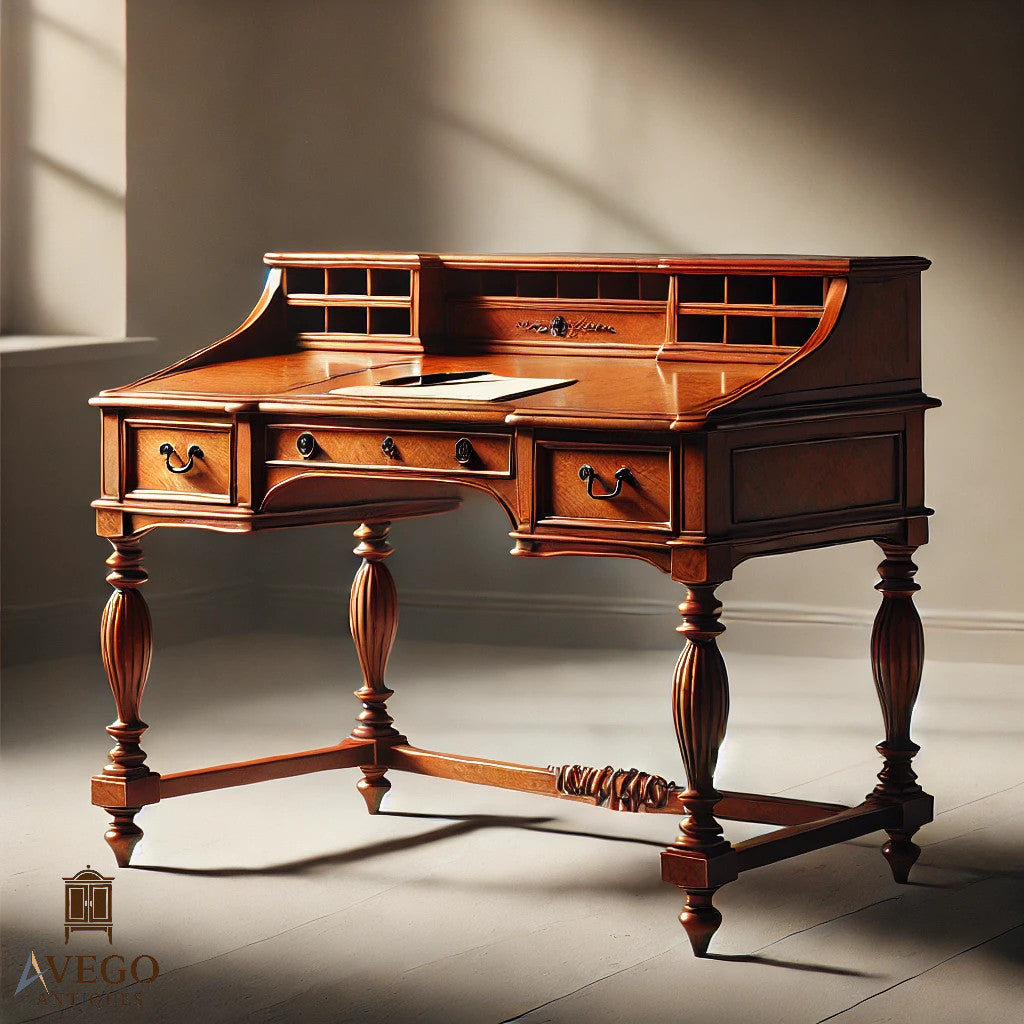 A Waring & Gillows antique writing desk, warm mahogany wood, elegant proportions, fine craftsmanship, timeless British antique furniture.