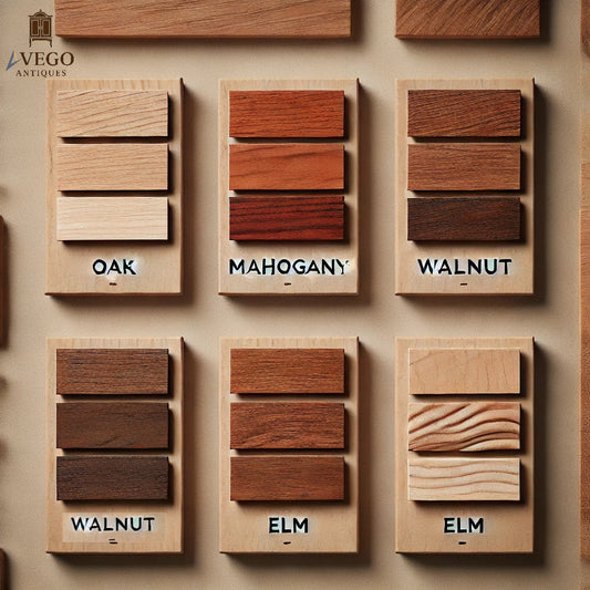 Infographic showing how to identify different antique woods including oak, mahogany, walnut, and elm, with visual grain patterns, color guides, and key features for antique furniture buyers and restorers.