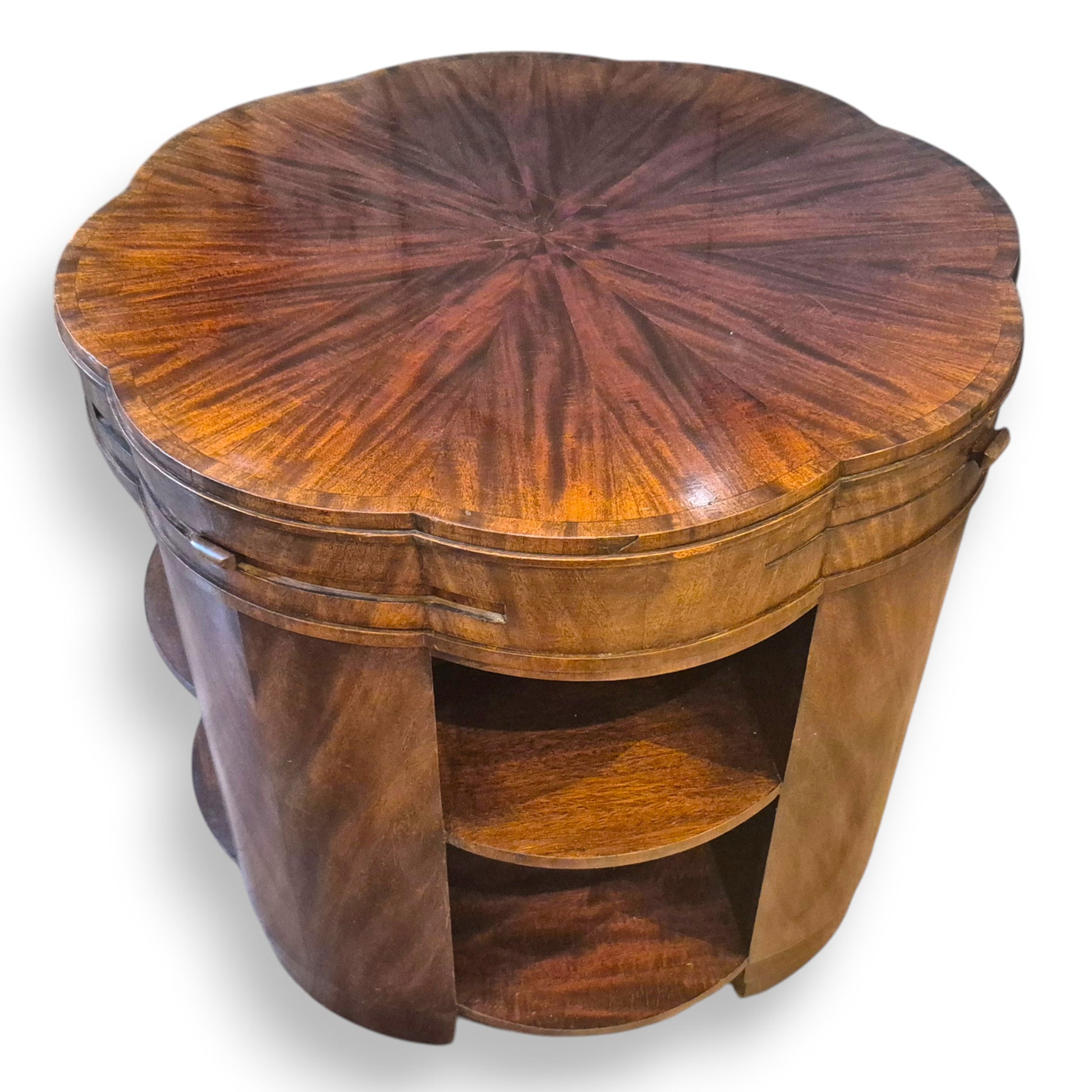 Art Deco library table with curved base and built-in open book shelves