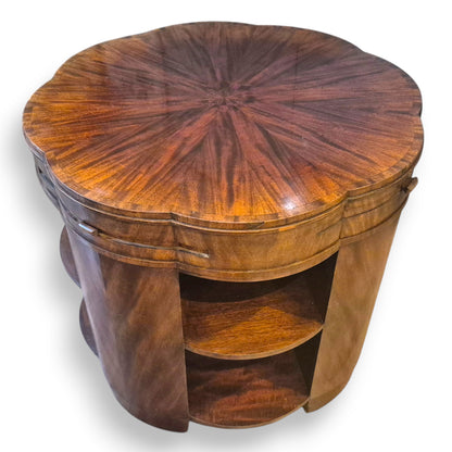 Art Deco library table with curved base and built-in open book shelves