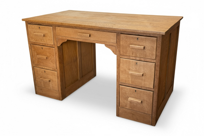 1930s Art Deco solid oak kneehole desk with seven drawers and original handles – vintage home office furniture