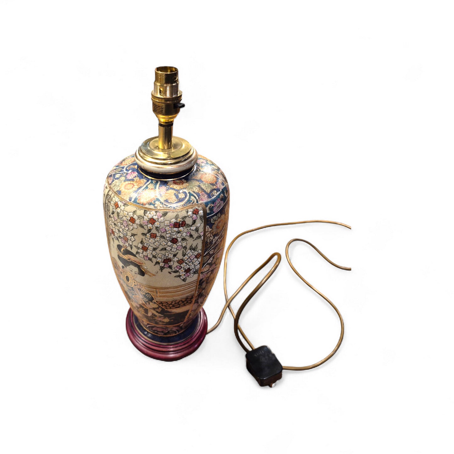 Vintage Japanese Satsuma-Style Table Lamp – Hand-Painted Geisha Design Ceramic Lamp with Wooden Base