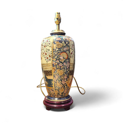 Vintage Japanese Satsuma-Style Table Lamp – Hand-Painted Geisha Design Ceramic Lamp with Wooden Base