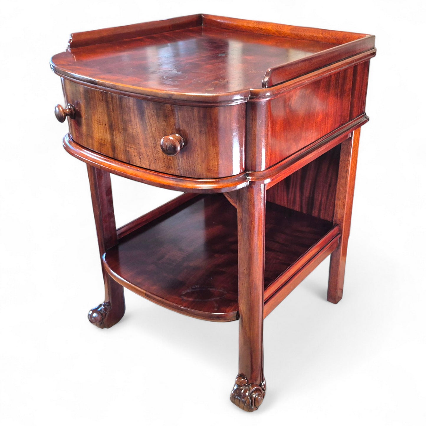Antique 19th Century Mahogany Nightstand – Single Drawer Bedside Table with Shelf – Victorian Lamp Stand with Paw Feet