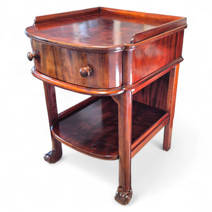 Antique 19th Century Mahogany Nightstand – Single Drawer Bedside Table with Shelf – Victorian Lamp Stand with Paw Feet