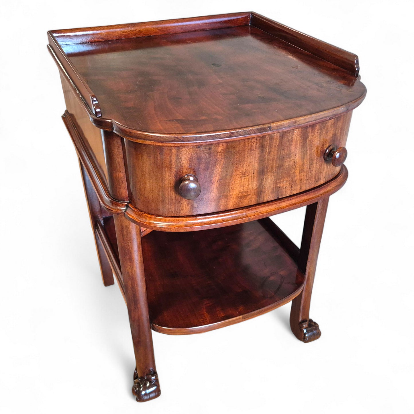 Antique 19th Century Mahogany Nightstand – Single Drawer Bedside Table with Shelf – Victorian Lamp Stand with Paw Feet
