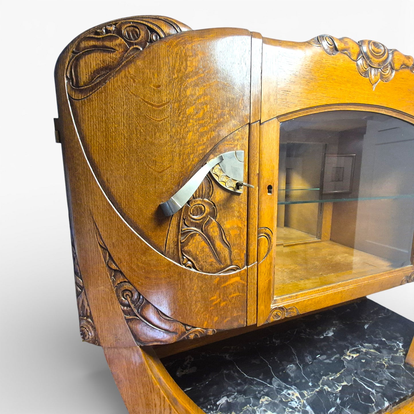 Art Deco Oak Display Cabinet & Sideboard with Marble Top | c.1930