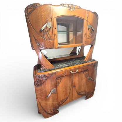 Art Deco Oak Display Cabinet & Sideboard with Marble Top | c.1930