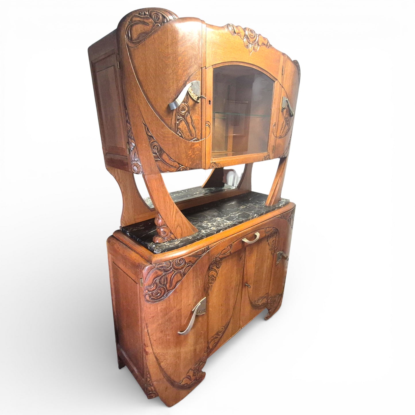 Art Deco Oak Display Cabinet & Sideboard with Marble Top | c.1930