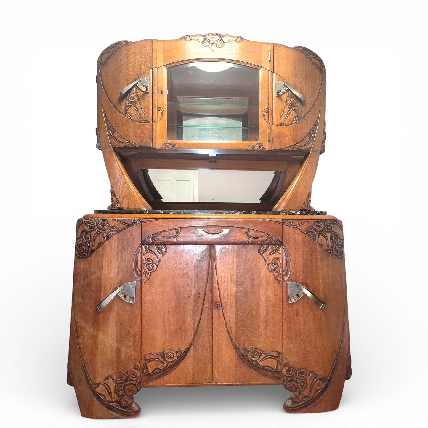 Art Deco Oak Display Cabinet & Sideboard with Marble Top | c.1930