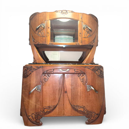 Art Deco Oak Display Cabinet & Sideboard with Marble Top | c.1930