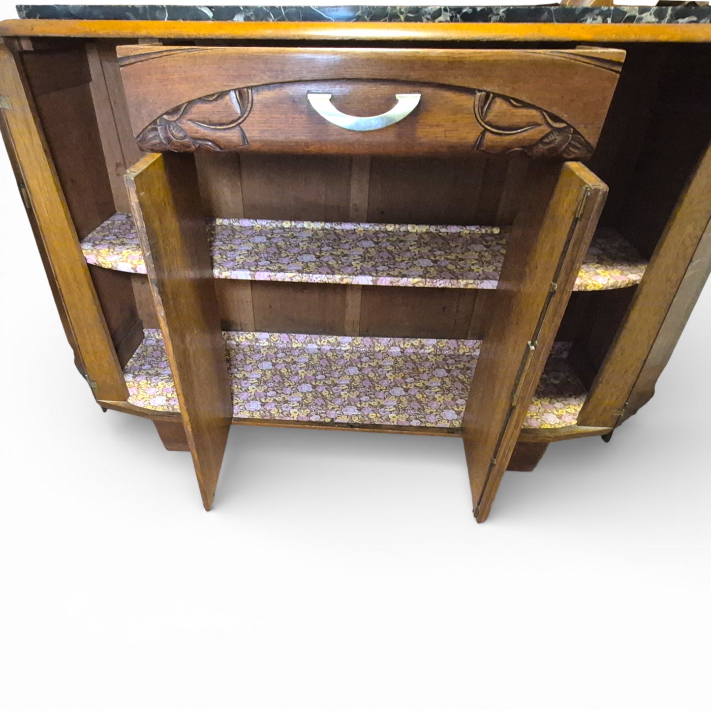 Art Deco Oak Display Cabinet & Sideboard with Marble Top | c.1930