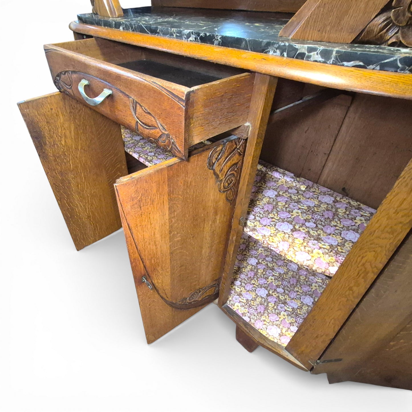 Art Deco Oak Display Cabinet & Sideboard with Marble Top | c.1930
