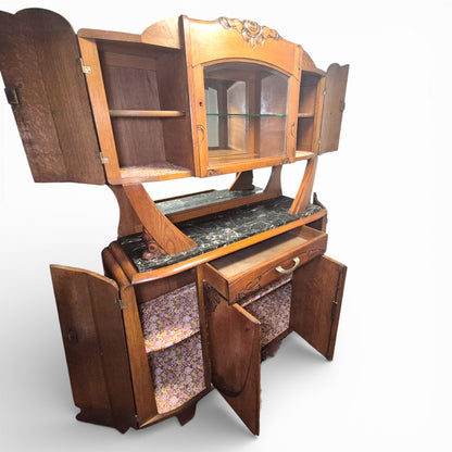 Art Deco Oak Display Cabinet & Sideboard with Marble Top | c.1930