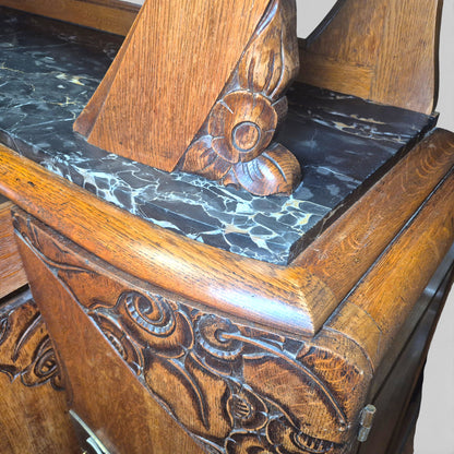 Art Deco Oak Display Cabinet & Sideboard with Marble Top | c.1930