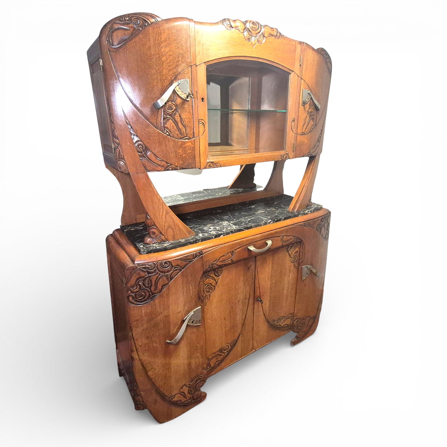 Art Deco Oak Display Cabinet & Sideboard with Marble Top | c.1930