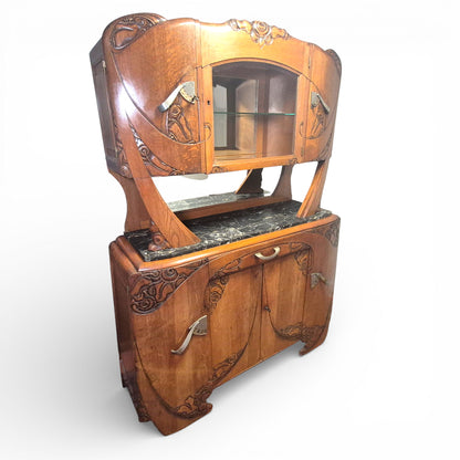 Art Deco Oak Display Cabinet & Sideboard with Marble Top | c.1930