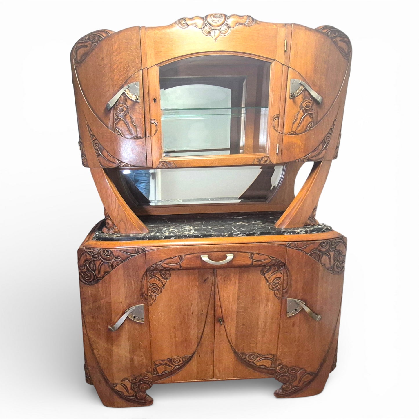 Art Deco Oak Display Cabinet & Sideboard with Marble Top | c.1930