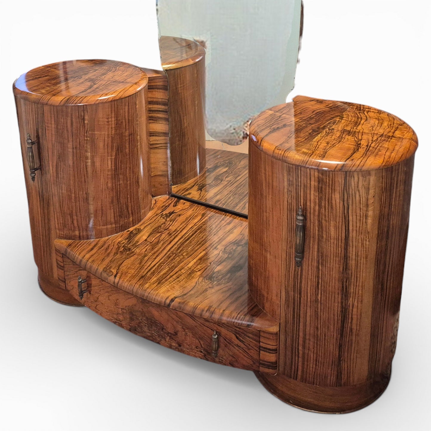 Shrager Art Deco Burr Walnut Dressing Table with Mirror & Curved Side Cabinets | 1930s