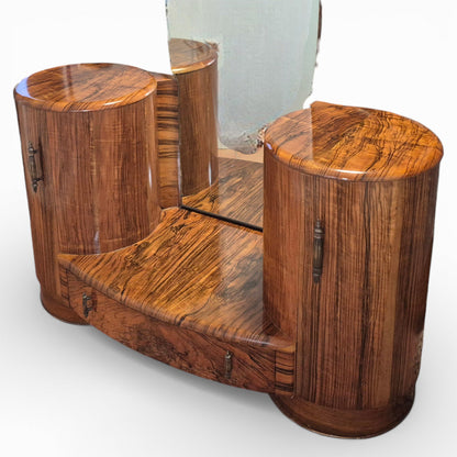 Shrager Art Deco Burr Walnut Dressing Table with Mirror & Curved Side Cabinets | 1930s