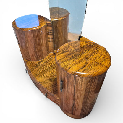 Shrager Art Deco Burr Walnut Dressing Table with Mirror & Curved Side Cabinets | 1930s