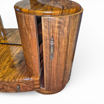 Shrager Art Deco Burr Walnut Dressing Table with Mirror & Curved Side Cabinets | 1930s