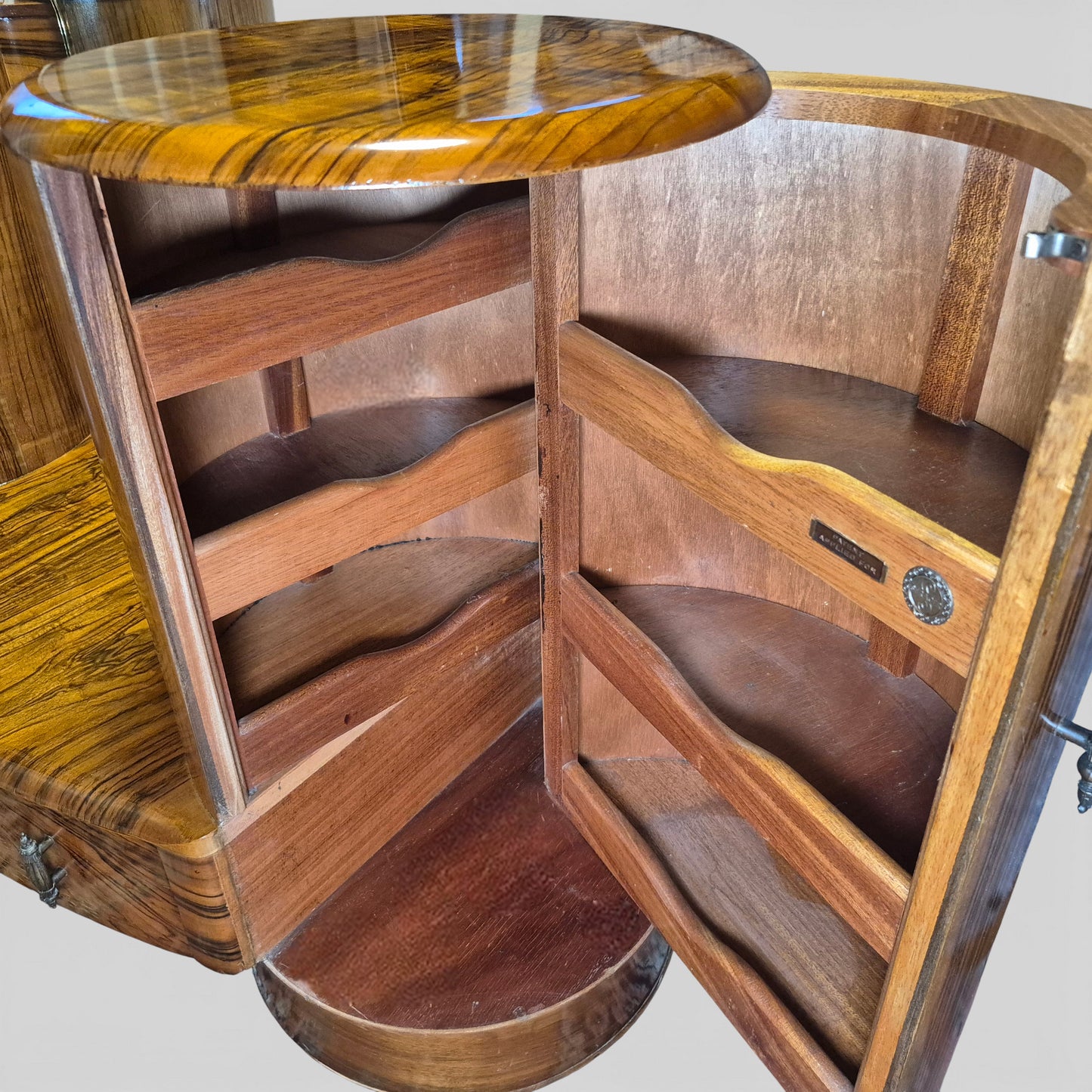 Shrager Art Deco Burr Walnut Dressing Table with Mirror & Curved Side Cabinets | 1930s