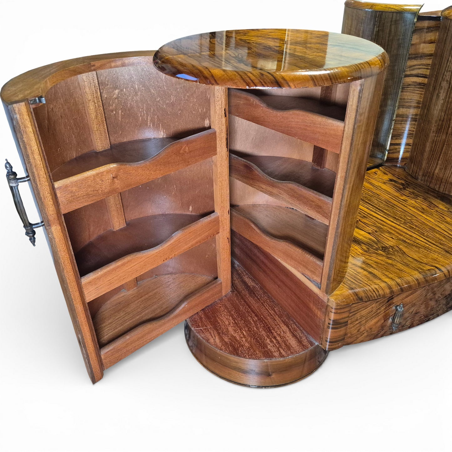 Shrager Art Deco Burr Walnut Dressing Table with Mirror & Curved Side Cabinets | 1930s