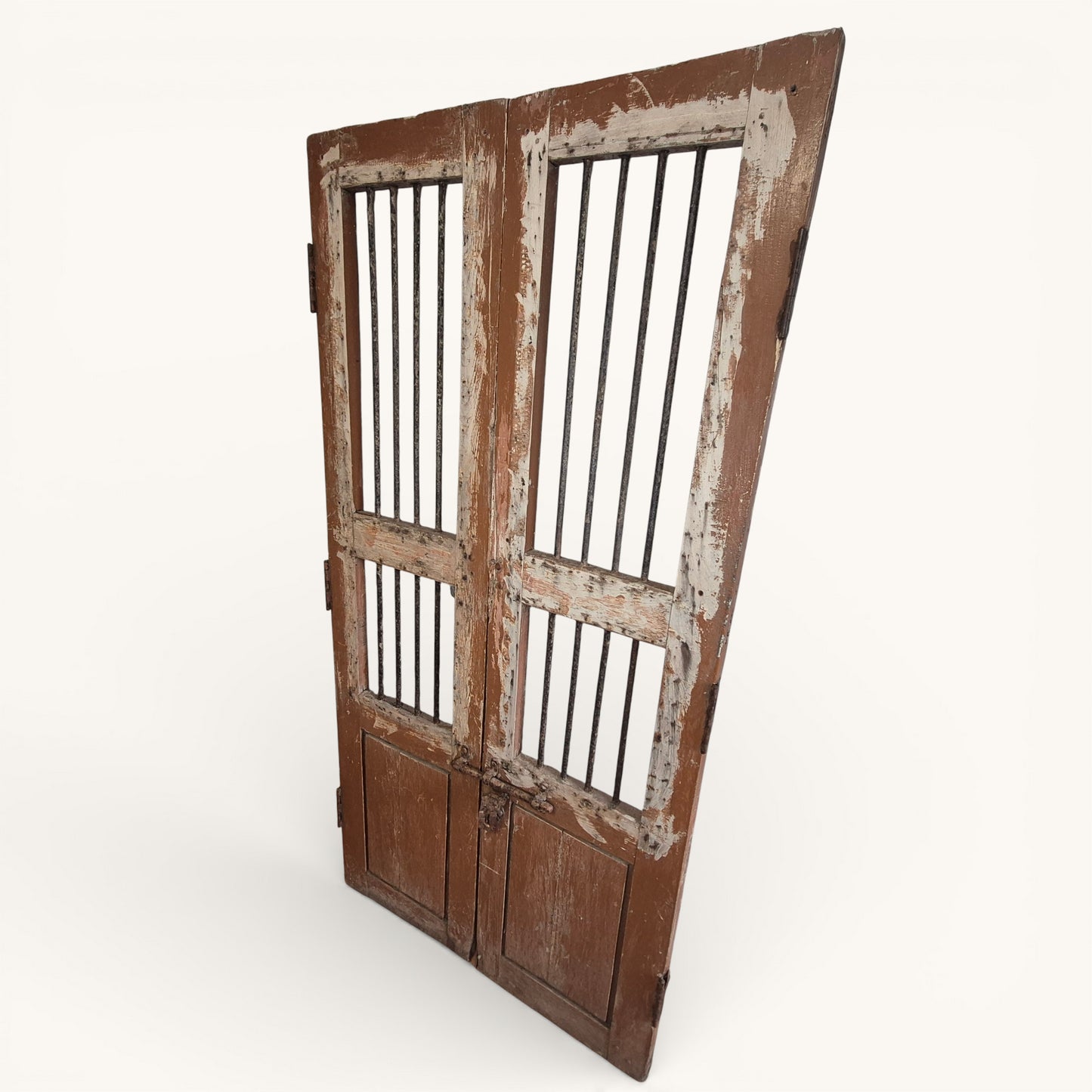Antique Indian Jali Doors – Pair of Rustic Wooden Panel Doors with Iron Bars | 182cm x 91.5cm Total