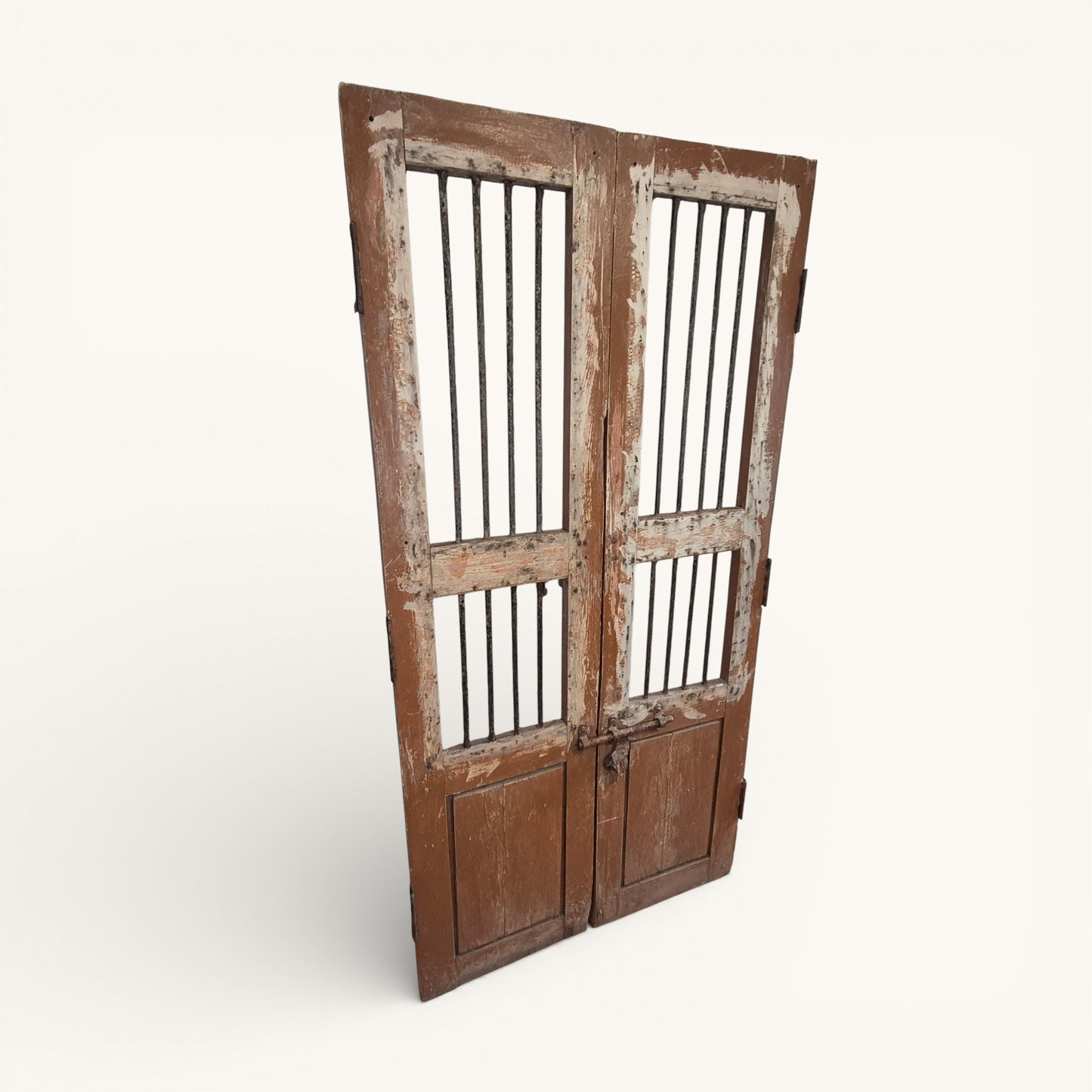 Antique Indian Jali Doors – Pair of Rustic Wooden Panel Doors with Iron Bars | 182cm x 91.5cm Total